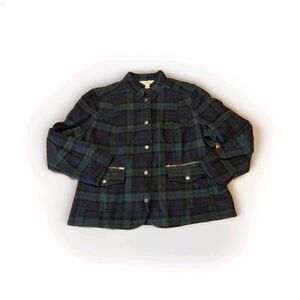 LL Bean Stonington Jacket Womens XLP Green Plaid Snap Front Wool Elbow Patches